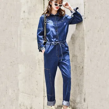 

Blue Bf Streetwear Denim Jumpsuit Solid Women 2019 Spring Bodycon Long Sleeve High Waist Jeans Jumpsuit Female Overalls