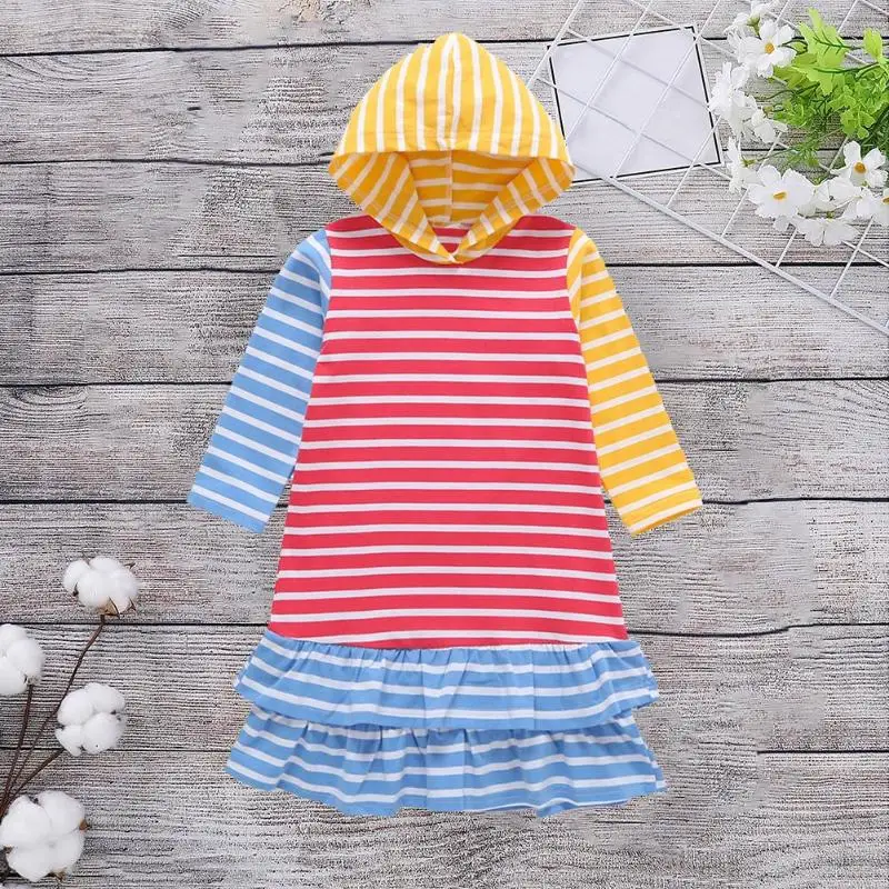 

1 pcs Beautiful Girls Striped Splicing 3 Color Long Sleeve Hooded Dress Kids Cake Dresses Infant Toddler Santa Elk Cake Dress