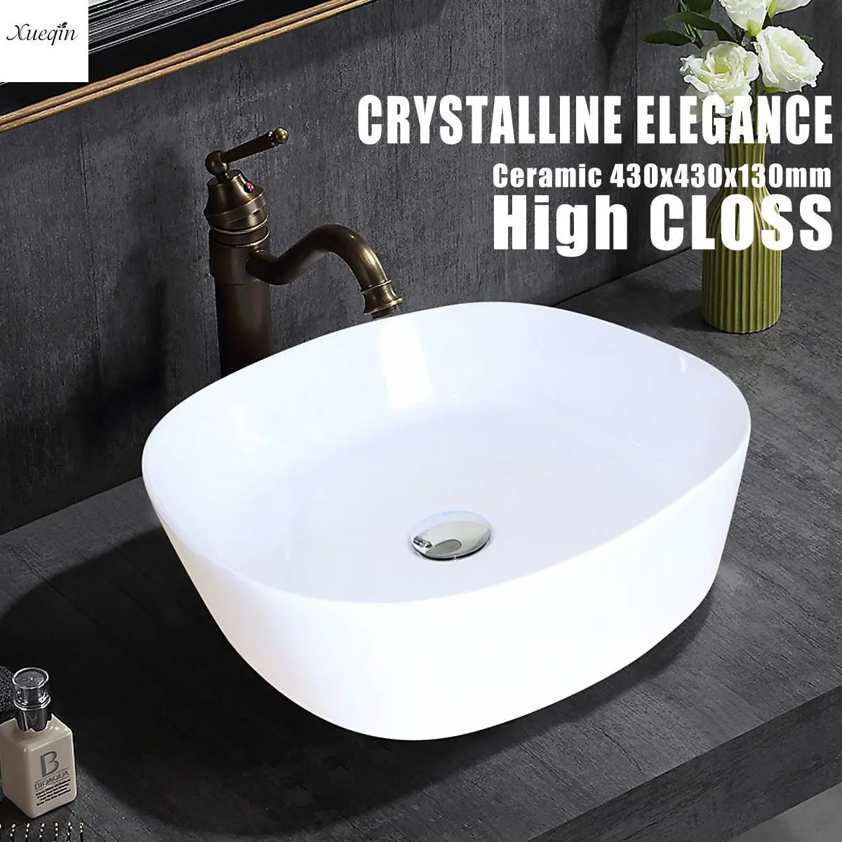 

Xueqin Bathroom Porcelain Ceramic Vessel Sink Basin White Square Bowl Faucet Sink Wash Basin Lavatory 430x430x130mm
