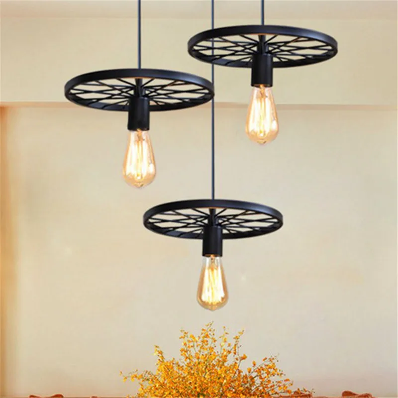 

220V E27 Iron Led Pendant Light Retro Loft Hanging Lamp Wheel Shape Ceiling Pendant Lamp Bar Cafe Lighting Fixture Decoration