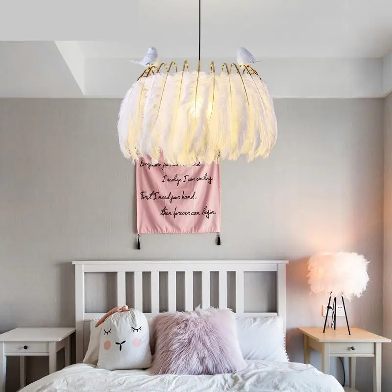 Nordic Feather pendant Lamps Creative Warm Children Sleeping Room
