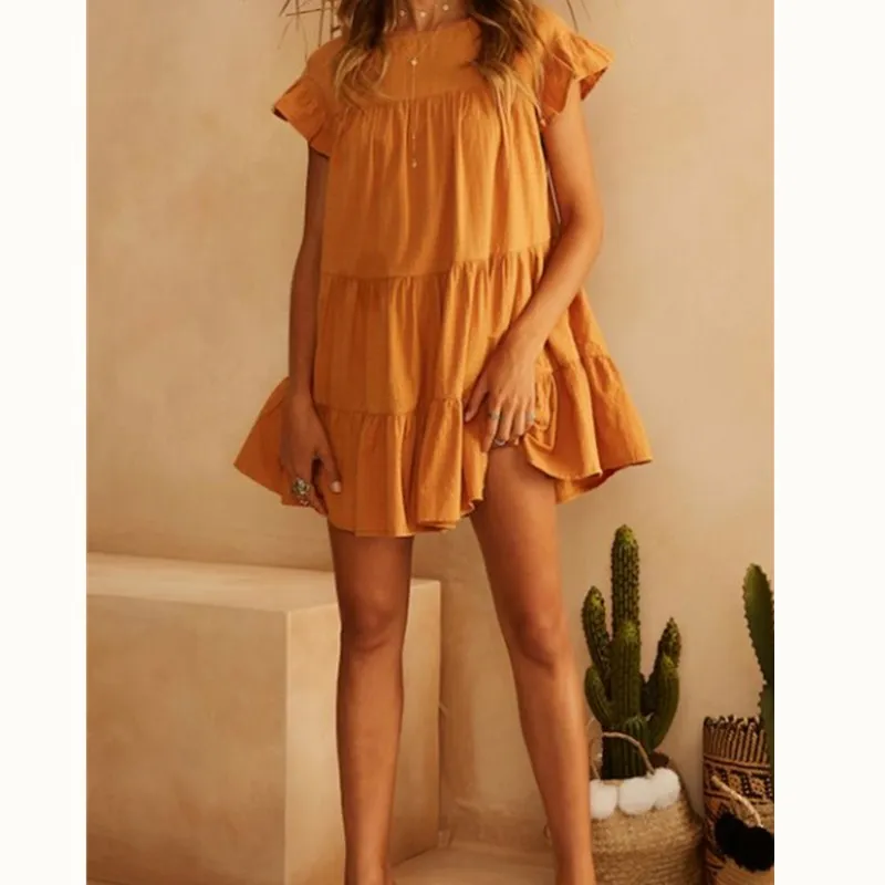 

2019 Newest Style Fashion Casual Womens Ladies Summer Hot Sale Solid Short Sleeve Mini Dress Sweet Loose Beach Sundress