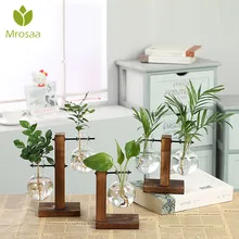 Nuevo hidropónico jarrones para plantas de flor olla transparente florero de vidrio de madera de mesa plantas bonsái para el hogar Decoración regalos Retro