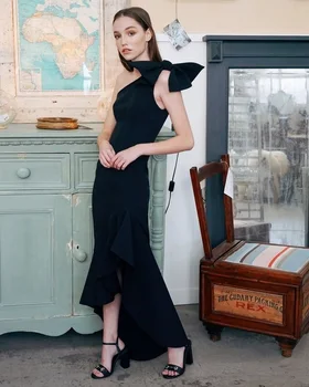 

Lady Office Dress Black One Shoulder Bow Ruffles Mid-Calf Slim Dress Top Quality Cocktail Party Dress Vestido