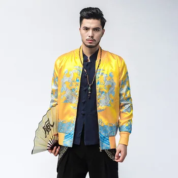

#4334 Spring Chinese Style 3d print Dragon Mandarin Collar Bomber Jacket Men Plus Size 5XL Streetwear Baseball Coat Gold/Red