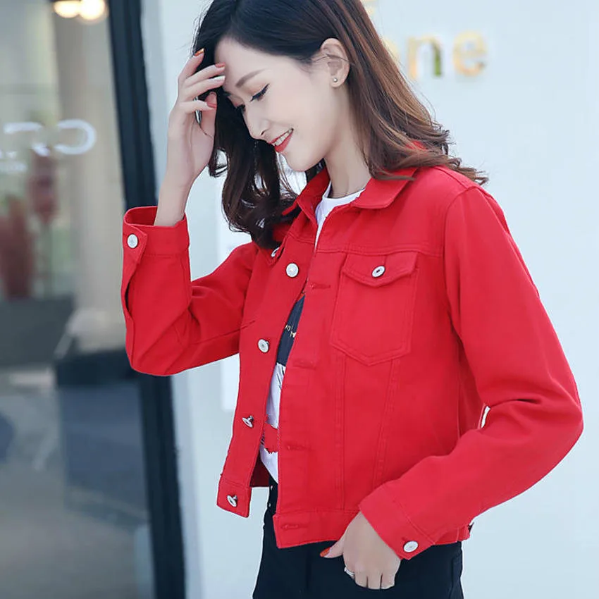 

2019 Fashion Jeans Jacket Women Spring Autumn Single Breasted Long Sleeve Short Denim Jacket Red White Coats