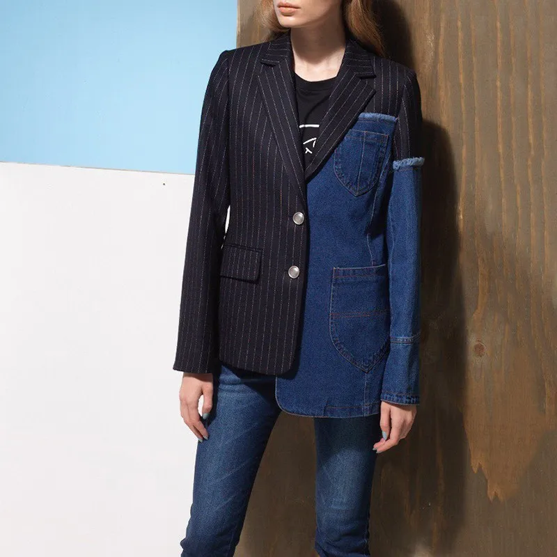 

[YaLee] New Spring Summer 2019 Fashion Long Sleeve Notched Jacket Pockets Striped Splice Denim Asymmetry Loose Coat Women Y017