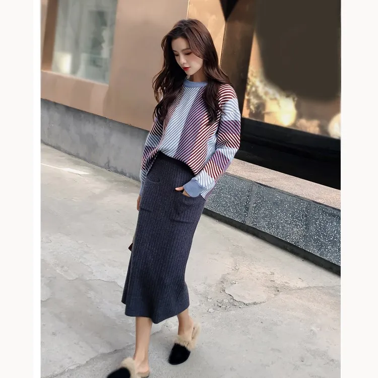 Autumn Spring Women Sweater Skirts Set Female Striped 2 Piece Set Long Sleeve Knitted Pullover 