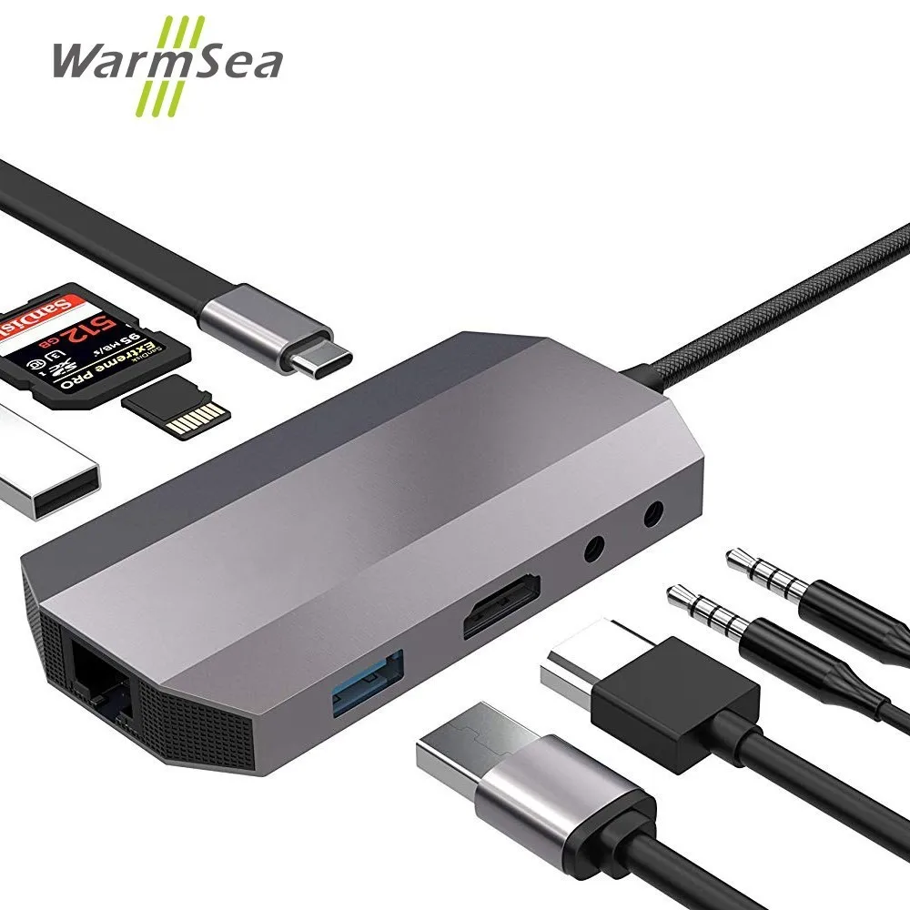 

USB Type C Hub Adapter with 4K HDMI Gigabit Ethernet USB 3.0 Audio Aux USB-C Power Delivery SD TF Card Reader for Macbook Pro