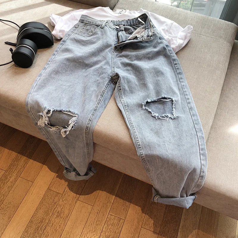 Summer Hole Vintage Women Boyfriend Ankle Jeans High Waist Loose Lazy Style Mom Jeans Denim Pants