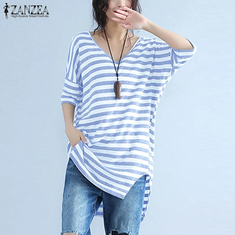 

Women's Asymmetrical Blouse 2019 ZANZEA Femme Striped Tops Casual V Neck Tunic Tops Split Short Sleeve Tee Shirts Summer Chemise