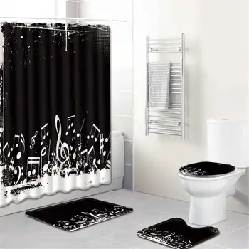 

4PCS Bathroom Shower Curtain Mats Set Non Slip Music Note Toilet Cover Rugs Absorbent Bath Mat Carpet Bathroom Supplies 4 Styles