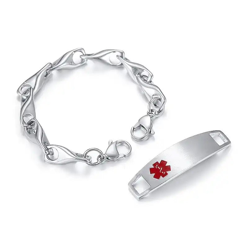 White Symbol Steel Raindrop Pre-Engraved /& Customized Latex Allergy ID Bracelet My Identity Doctor