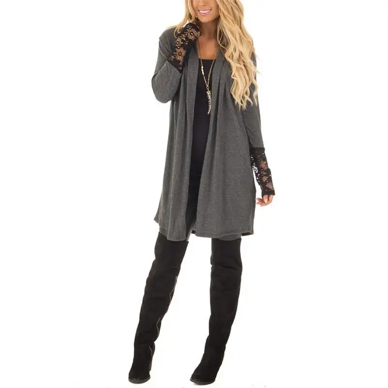 Women Cardigan Jacket Solid Thin Knit Long Sweater Outwear Lace Stitching Coat Fashion Cotton Sweater Cardigan Leisure Jacket