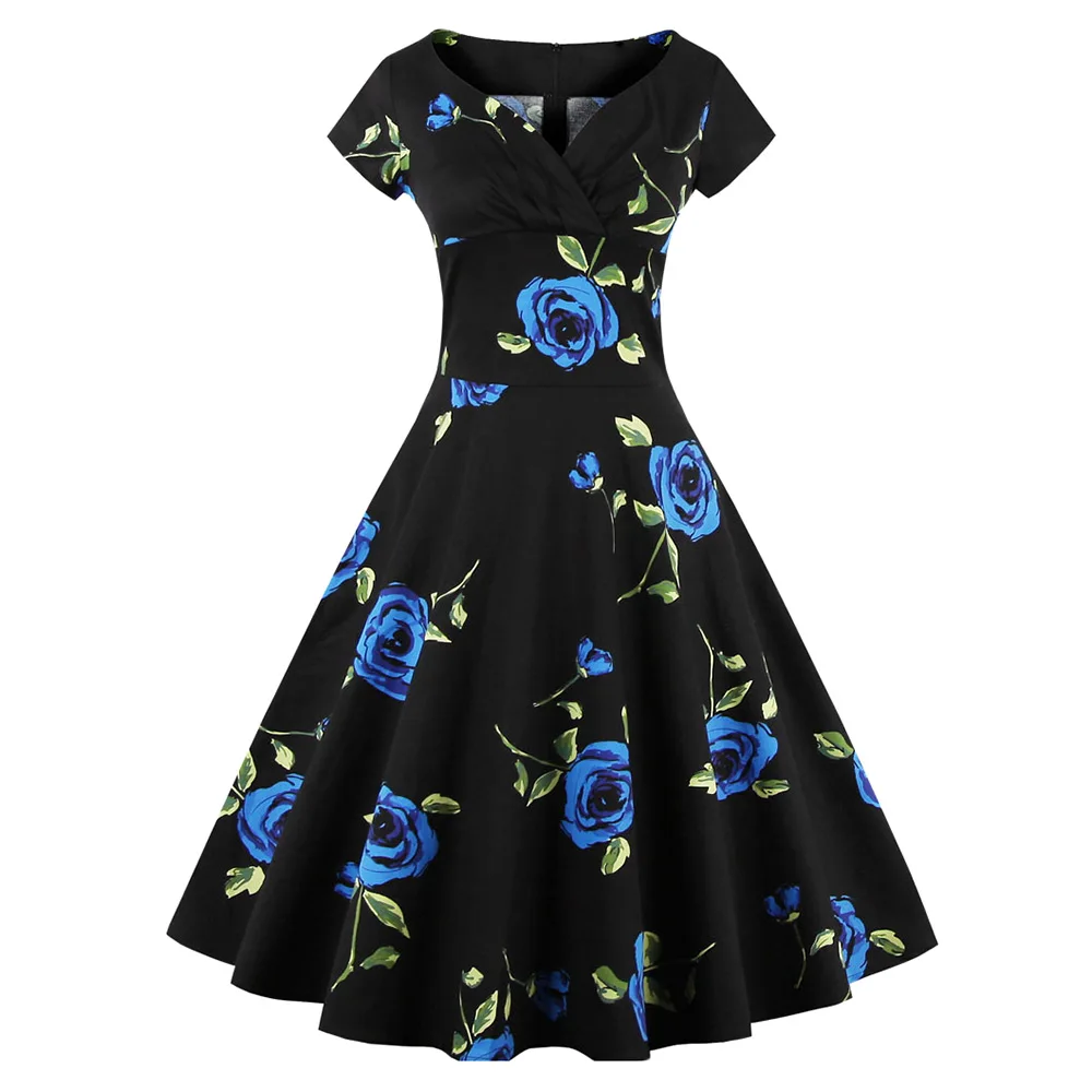 Wipalo Blue Rose Floral Summer Retro Dress 1960s Rockabilly Swing