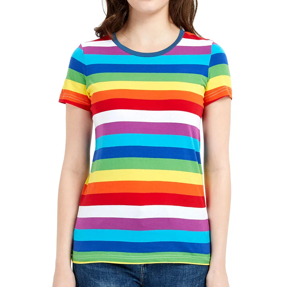 

Rainbow Tee for Women Colorful Stripe T Shirt Crew Neck Tshirts Woman Short Sleeve Even Striped Top Tees