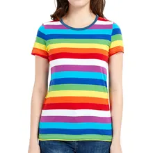 Rainbow Tee for Women Colorful Stripe T Shirt Crew Neck Tshirts Woman Short Sleeve Even Striped Top Tees crew neck contrast striped tee
