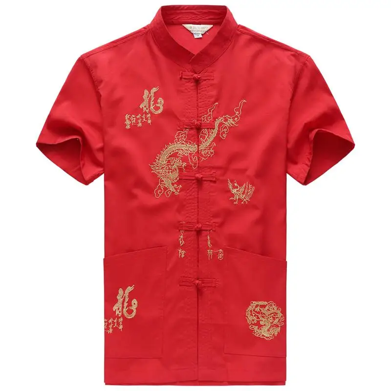 

Casual Chinese style Mens Dress Shirts Camisa masculina Shirts Mens Short sleeve Blouse Men Dragon pattern Stand collar