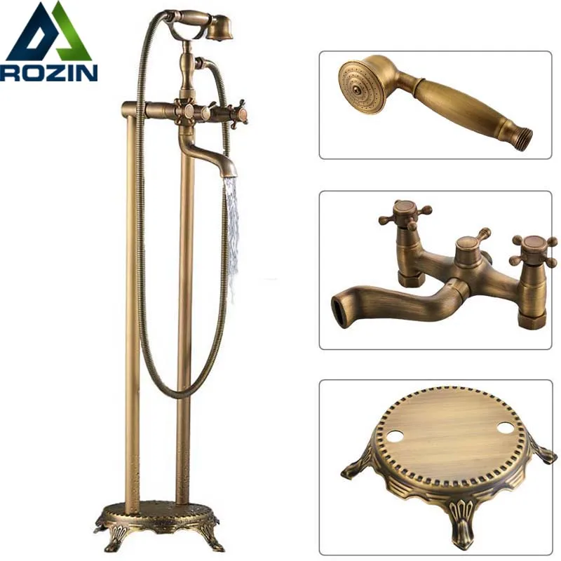 Antique Brass Floor Mounted Tub Sink Faucet Dual Handle Bathroom Bath Shower Set Freestanding Bathtub Mixer Tap with Handshower