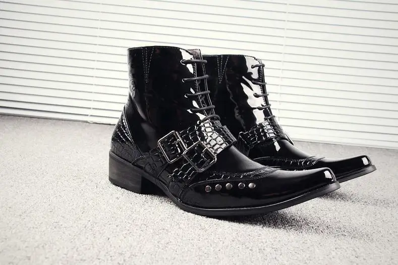 

Martin Boots Shoes Men Buckle Strap Med Heel High Top Casual Shoes Meatal Rivets Lace Up Patent Leather Black Ankle Boots