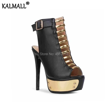 

KALMALL Black Leather Female Shoes Sping Summer Buckle Cut-outs Slingback Stiletto Short Boot Gold Metal Platform Boots Women
