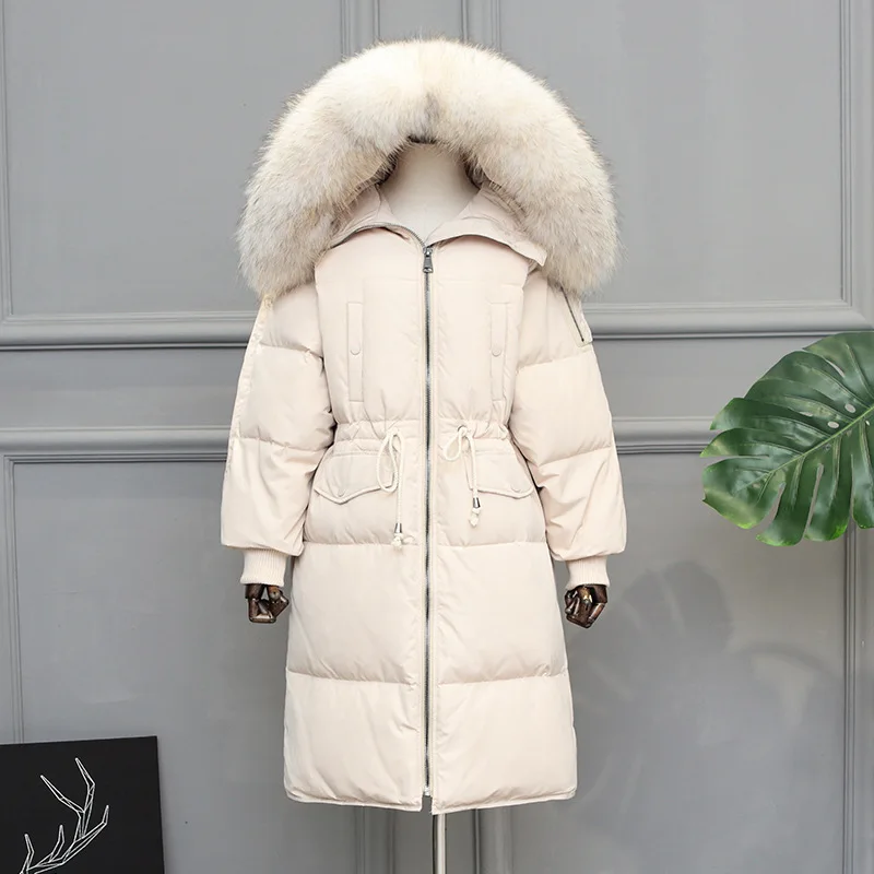Воротник из меха енота, свободная куртка из гусиных перьев, Женское зимнее пуховое пальто размера плюс, длинная парка, женская теплая верхняя одежда Okq035