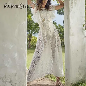 

TWOTWINSTYLE Hollow Out Sleeveless Women Dress O Neck Off Shoulder Ruffles High Waist Midi Dresses Female Fashion 2020 Spring