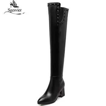 

Sgesvier Women PU Leather Over The Knee Boots Winter Boots Sexy High Heel Fashion Pointed Toe Zipper Women Boots Shoes B870