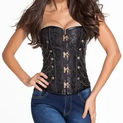 Черный парча для женщин корсетные корсет Overbust стимпанк Corsetto Готический костюмы корсеты и бюстье Винтаж Бурлеск Костюм