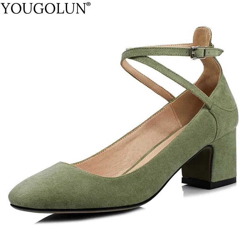 

Women Kitten Heels 2019 Flock Spring Ladies Square Toe Pumps Sweet Women Block Middle Heel Office Woman Ankle Strap Shoes A120