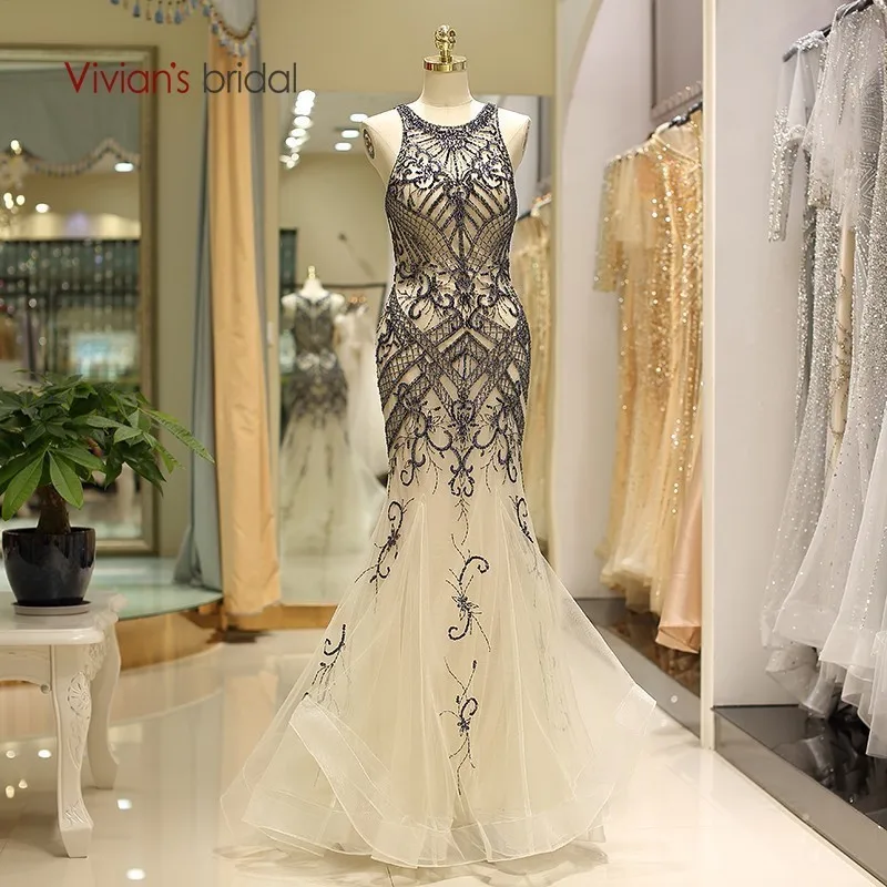 

Vivian's Bridal 2018 Beading Crystal Appliques Mermaid Evening Dress Sleeveless O-neck Fluffy Tulle Elegant Lady Formal Dress