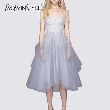 

TWOTWINSTYLE Mesh Dresses Female O Neck Short Sleeve High Waist Patchwork Sequins Party Dress Women 2020 Summer Elegant Fashion