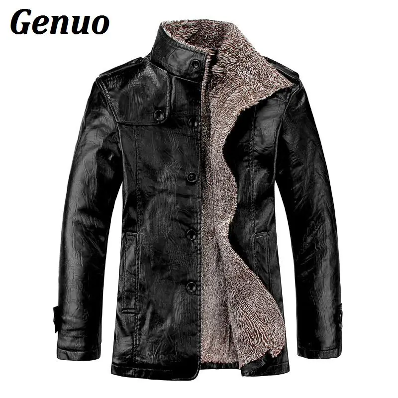 Натуральная кожаная мужская куртка, зимнее толстое шерстяное пальто из искусственной кожи, мужское повседневное теплое пальто из искусственной кожи с воротником-стойкой, теплая куртка