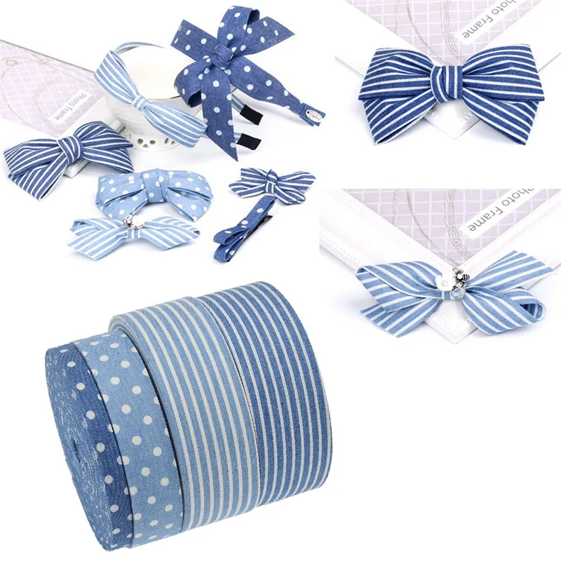 

5 Meters Cowboy Jeans Ribbon Decorative Ribbons For Hairbow Stripe Dot Printed Denim Ribbon Drop Shipping