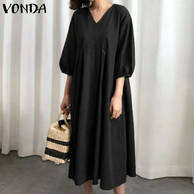 

VONDA Plus Size Dresses Women 2019 Summer Vintage Cotton Sexy V Neck Half Sleeve Mid-calf Dress Female Casual Loose Vestidos 5XL