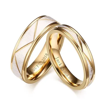 Wedding Rings for His and Her Matte Finish Stainless Steel Gold Color Women Men Personalized Engraving Name Cherish Gift china supplier his and hers gold color titanium wedding band finger rings women