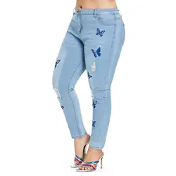 LANGSTAR плюс размеры бабочка проблемных вышитые джинсы для женщин для брюки Узкие Высокая талия карандаш брюки девочек Джинс