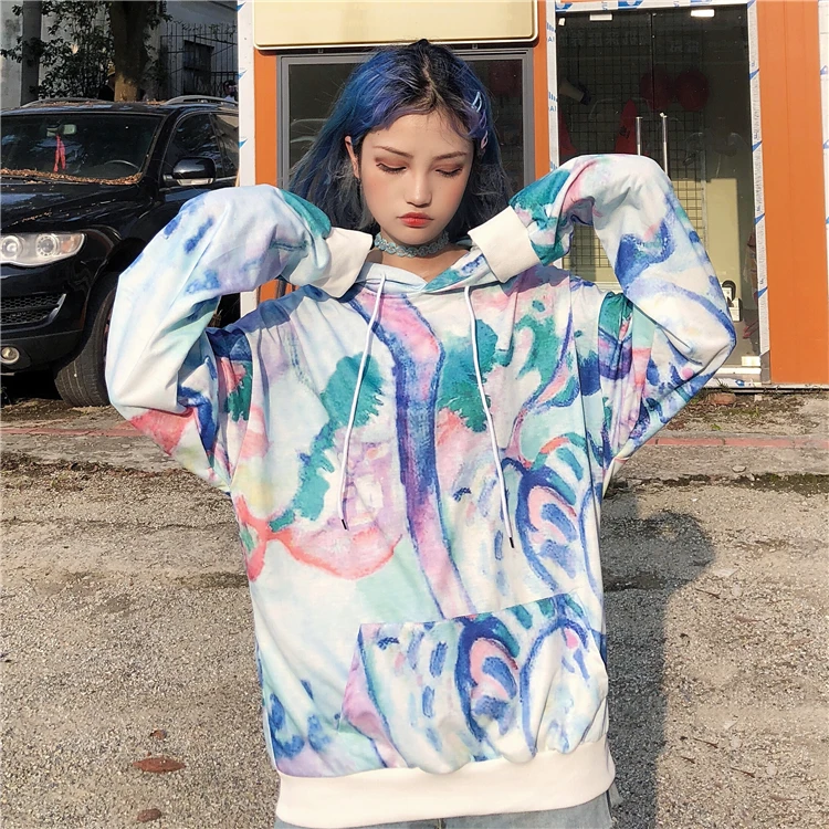 

Hooded Graffiti Tie Dye Hippie Graphic Streetwear Loose Oversized Sweatshirt Tracksuit Hoodies Pullover Korean Harajuku Fashion
