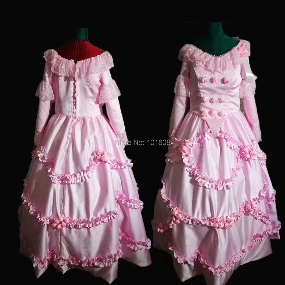 

Tailored!Elegant pink satin Lace Court Duchess Civil war Theatre 18th Belle Marie Antoinette DRESS Victorian dresses sw-005