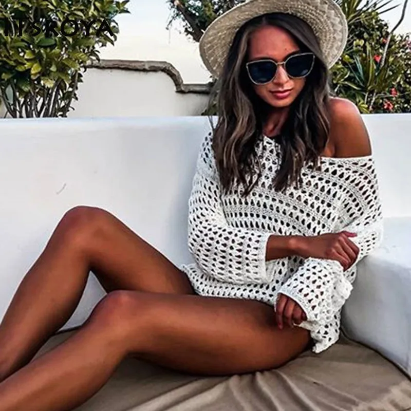 

ITSROYA Knitting Sexy Cover Up Beach Woman Hollow Out Summer Swim Cover Up Long Sleeve Fashion Eleagnt Ladies Bathing Suit