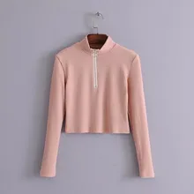 Harajuku женские Топы s m на молнии с черепашкой шеи Осенняя женская футболка Укороченная рубашка трикотажная тонкая футболка с длинными рукавами