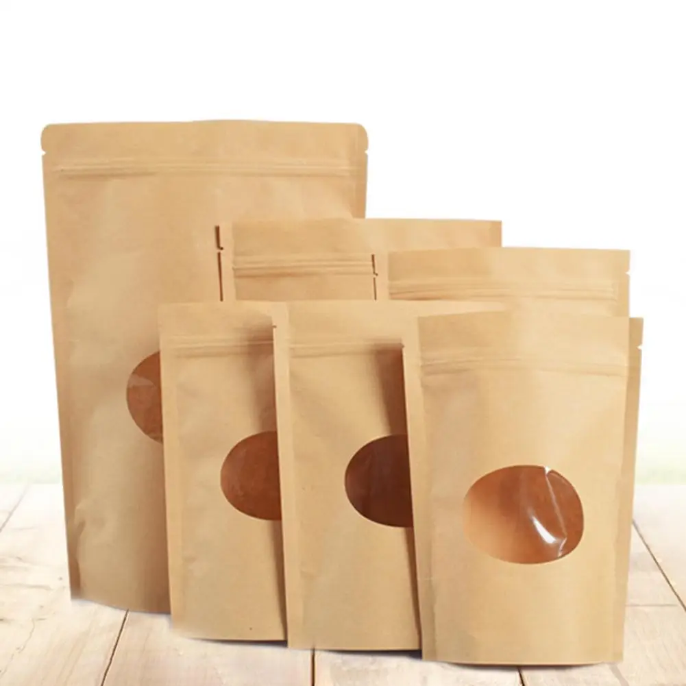 

50PCS/set Natural Kraft Paper Food Storage Bag Self Standing Sealed Oval Window Kraft Paper Bag Zipper Tea Food Packaging Bag