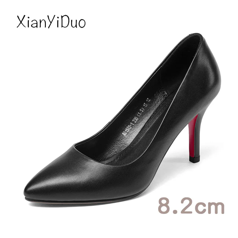 

Xianyiduo spring Genuine Leather cow Women's Shoes dress Pointed toe med heels Pumps office lady Career black big size / A01557