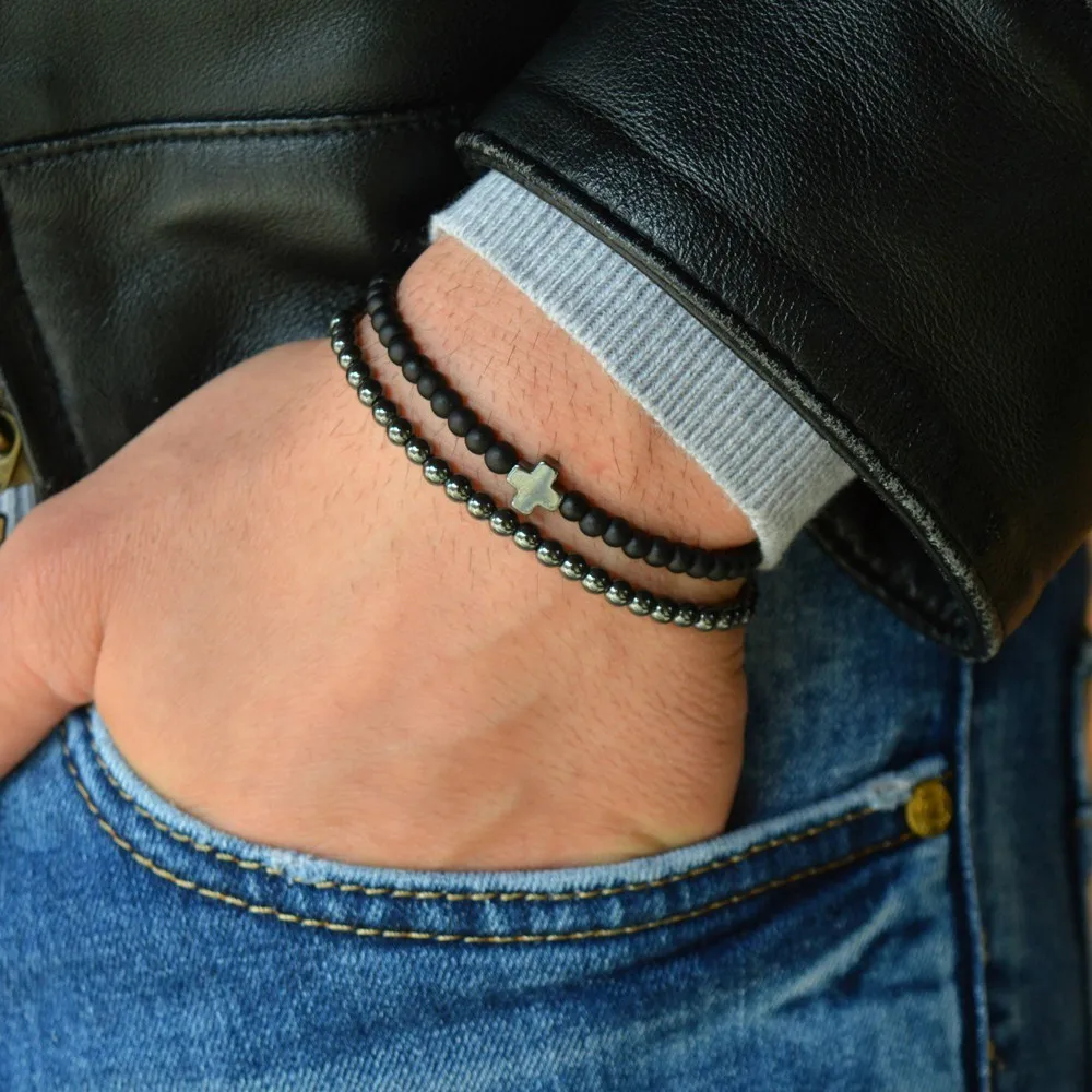 

Fashion bracelet for Men jewelry 6mm stone with hematite beads cross charm bracelets High Quality Luxury pulseras hombre gift
