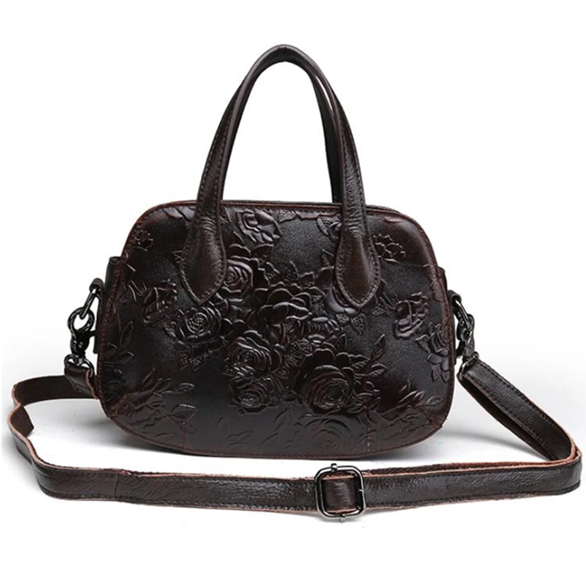 AEQUEEN Women Genuine Leather Bag Ladies Flower Embossed Handbag Vintage Shoulder Messenger Bag Female Tote Purse Travel Bag