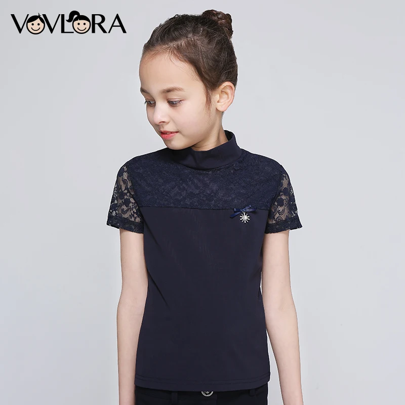 

School Girls T shirts Lace Patchwork Cotton Kids T-shirt Tops Summer Short Sleeve Children Clothes 2019 Size 6 7 8 9 10 11 12 Y
