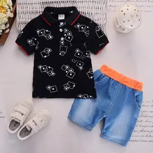Коллекция года, новая летняя одежда для маленьких мальчиков Детская Повседневная рубашка с короткими рукавами и надписью, джинсы модный костюм с лацканами, 2 шт./компл. младенцы