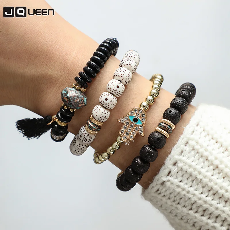 

Bohemia 4 pieces/Set Evil Eye Charm Bangles For Women Fatima Palm Tassels Metal Geometry Strand Bracelet Sets Accessories