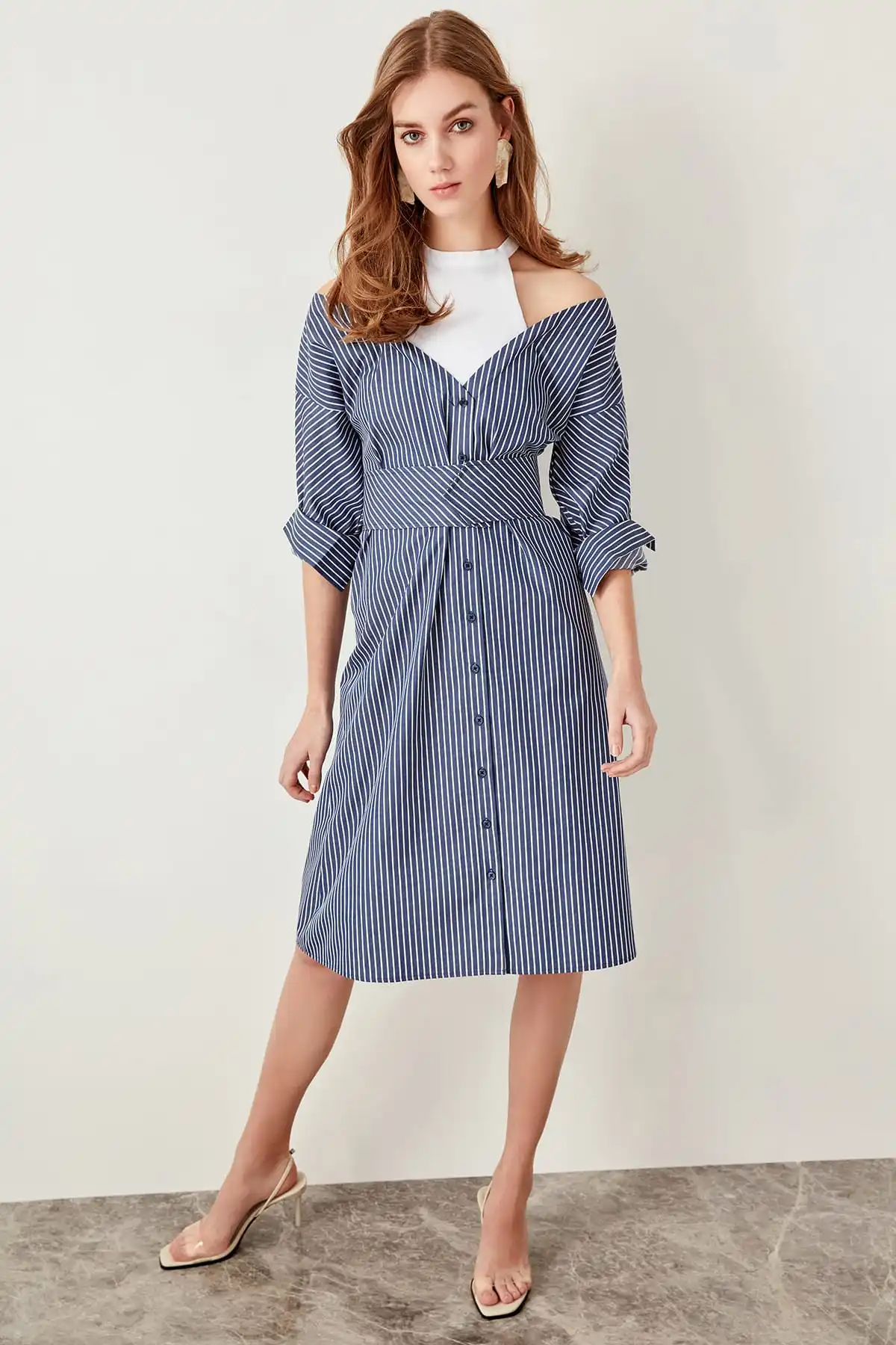 

Trendyol Belted Shirt Dress Blue Striped Dress TCLSS19OA0003