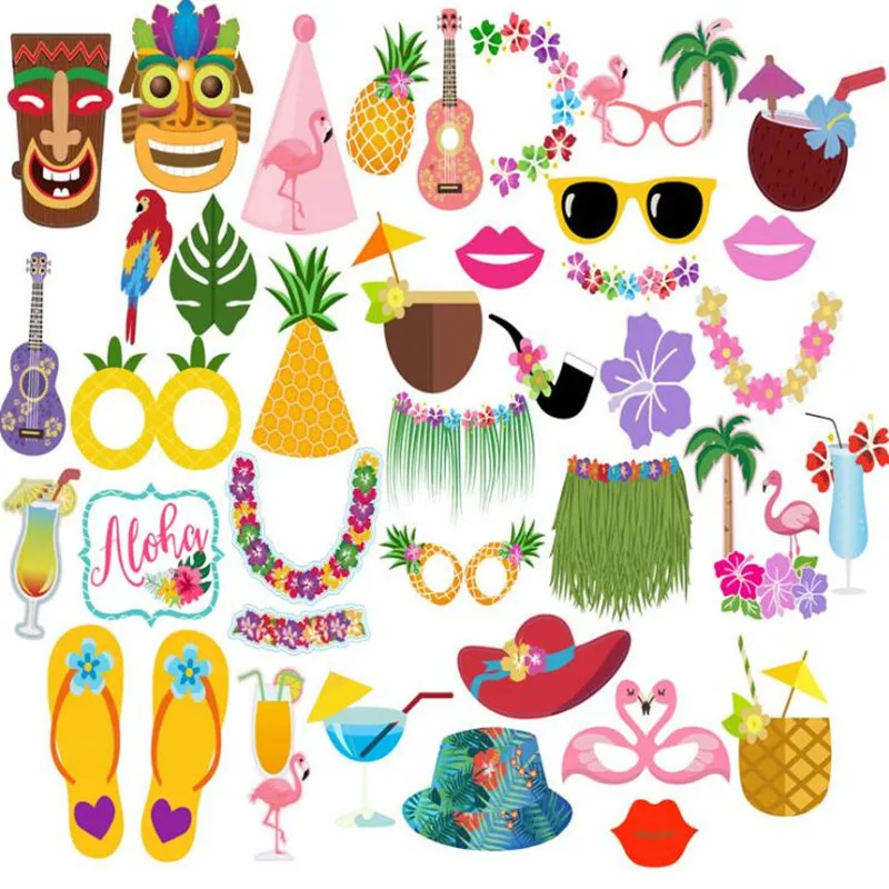 

2019 New Hawaii Photo Booth Props Hat Sunglasses Garland Paper Photo Props Summer Holiday Tropical Party Dress Decoration